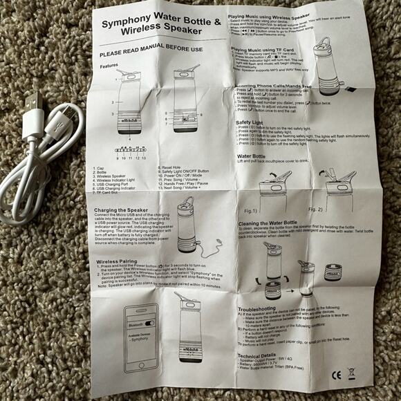 Blue and Gray Water Bottle with Built-in Bluetooth Speaker NEW Gift - Picture 6 of 7